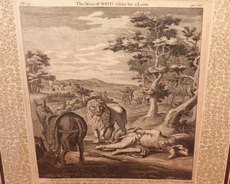 "The Man of GOD Slain by a Lion" Antique Etching