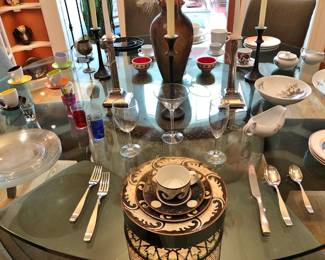 Modern Stainless Flatware Service for 8; Mikasa Dinner Service for 8; Set Martini Glasses, Crystal Flutes and Crystal Wine Glasses all for 8