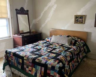 MCM Bed (See photos for Matching Dresser and Vanity), Amish Quilt (Iowa, 1980), vintage mirror.