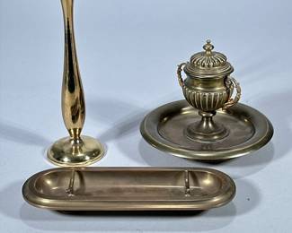 (3pc) BRASS BIEDERMEIER MISC. PEN STAND VASE URN | Biedermeier stand for pens, tall vase, and a small urn affixed to round platform. - h. 1 x l. 9 in (Pen stand, vase 8.5” tall)