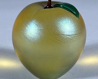 Orient Flume Art Glass DECORATIVE APPLE | Apple is signed on the bottom and numbered. A sticker remains as well. - h. 3 x dia. 3 in