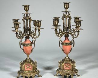 (2pc) PAIR GILT BRASS CANDELABRAS | Pair of gilt brass candelabras with carved stone vase-form stem
Dimensions: h. 16.5 x w. 8 x l. 8 in