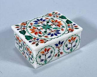 PIETRA DURA DECORATIVE MOSAIC FLORAL BOX | Inlaid mosaic pattern of flowers in shades of orange, green and blue. - h. 2 x w. 4 x l. 3.25 in