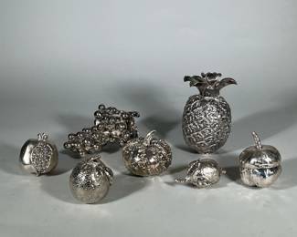 (7pc) COLLECTION DECORATIVE SILVERPLATED FRUITS | Assorted silverplated fruits, including orange, pumpkin, pepper, pomegranate, pineapple, grapes, and lemon. - l. 8 in (pineapple)