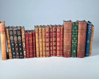 (22pc) COLLECTION Antique/Vintage Books | Including but not limited to works by Voltaire in French, Thackery, 5 Dickens books, Sir Walter Scott, a book in German and A Child’s Garden of Verses by Stevenson. - h. 2 x w. 5.25 x l. 7.5 in (Largest books, Carlyle’s works)