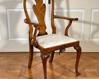 QUEEN ANNE BURL WALNUT OPEN ARMCHAIR | Having carved wood back with BURLWOOD veneer over cabriole legs. - h. 38 x w. 24.5 x d. 19 in