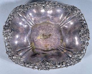 Sterling FLORAL Repousse Dish | Shallow dish with raised floral pattern around rim. Marked on bottom, engraved “R”; 7.3 ozt - h. 1.5 x w. 7 x l. 8.5 in