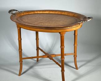 Bonebakker Birdseye Maple Tray-On-Stand | With faux bamboo carved legs and attached tray. Tray has two Dutch silver marked handles and wood inlay on rim. - h. 21 x w. 19.5 x l. 28.5 in