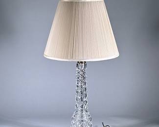 WATERFORD CRYSTAL COLUMN LAMP | Fine cut crystal column lamp with brass base. Crystal finial and custom-made lamp shade included. - h. 33 x dia. 5 in (to top of finial, 16’ diameter of bottom of shade.)