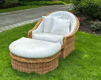 PETER ROCCHIA / THE WICKER WORKS ARMCHAIR & OTTOMAN | Ottoman measurements. Height 20 in, width 38 in, depth 27.5 - 38.5 x w. 39 x d. 36.5 in
