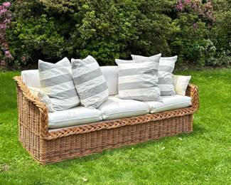 PETER ROCCHIA WICKER WORKS COUCH | Including 6 cushions 6 pillows. - h. 29 x w. 82 x d. 31.5 in
