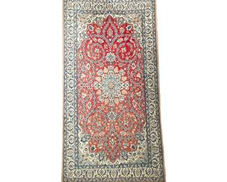 KNOTTED PERSIAN FLORAL SMALL AREA RUG | Having central medallion on red backing with cream & blue border - w. 48 x l. 80 in