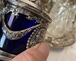 Original Louie the 16th Sterling, silver and cobalt salt holder with French hallmarks