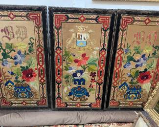 Three panel, 19 century needlework, tapestries framed