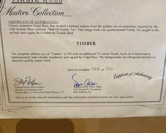 Over 60 fabulous Cels Warner Brothers, and Hannah, Barbara signed a numbered. With certificate of authenticity on each one.