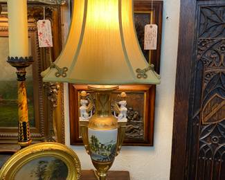 A pair of hand-painted and gold bisque lamps New custom shades and wiring 1920s, 1930s