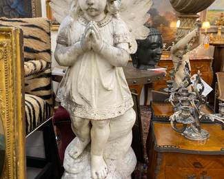 Very large carved Marble Angel on iron pedestal 19th century !