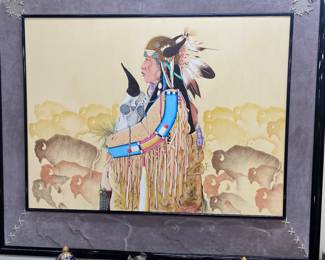 Tiller Wesley Artist 1955 to 2006 Oklahoma Indian artist very large oil on canvas This painting was the winner at the red Earth award in Oklahoma. purchased for $10,000 in 1988. priced at $7500 custom buffalo embossed suede frame.