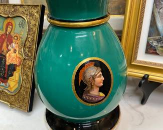 19th century vase handpainted with three figures.