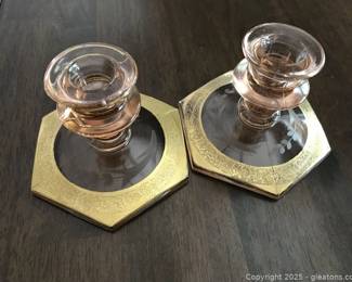 Pink Depression Etched Rolled Console Bowl Candleholders
