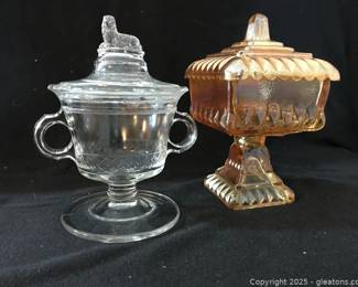 Early American Footed Sugar Bowl Carnival Glass Wedding Box Candy Dish