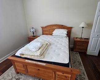 Father away photo of the queen size bed with photos of end tables , if you buy the bedroom set , I'll throw in area rug 