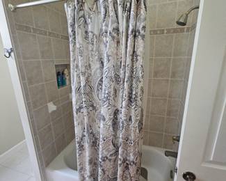 Shower curtain, liner  , hooks  
$15 ( rod stays with house) 