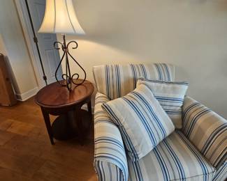 Set of 3 solid wood accent tables , $150 all 3, set of 2 black metal lamps $50 for both, striped chair $125