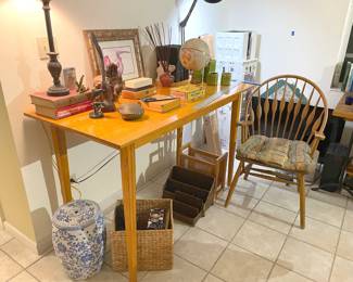custom built shaker style standing desk, drafting accessories, vintage globe and more -- plus Nikon camera, Nikkor lense, carrying case & manuals