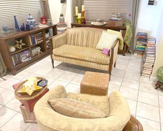 MCM armchair, dainty wood & velvet upholstered loveseat and sturdy, functional, grand console tables