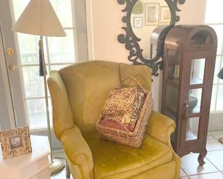 Vintage armchair, curio cabinet & ornate tin frame mirror