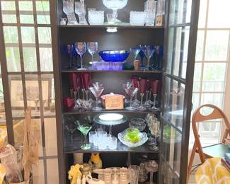 Wood & Glass china cabinet filled with crystal, Waterford, Mikasa and more. 