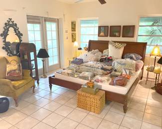 Kingsize bed frame, arm chair and little curio cabinet