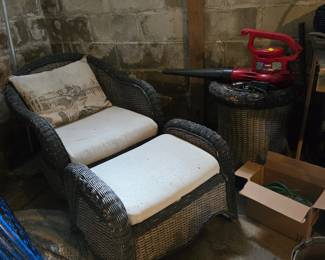 Wicker chair, ottoman and side table