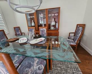 82x42 5/8" thick glass top table, and China. Scan design.
Custom etched glass top after origional purchase