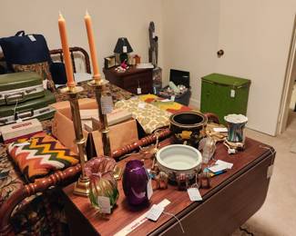 LARGE Brass candlesticks, Crochet Afghans, Art Glass, Chinese Porcelain, Drop Leaf Mahogany Table