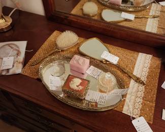 Cameo Dresser Boxes. Vanity Mirror, Brush, Tray