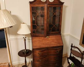 Jasper mahogany secretary, tables, brass lamps