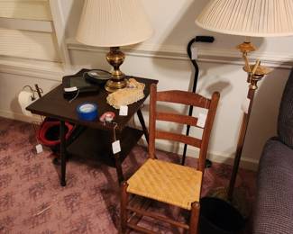Vintage Rocker, Antique Table, Brass Lamps