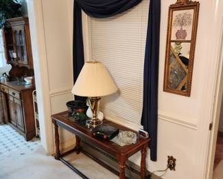 Beautiful mirror, brass lamp, glass top occasional table