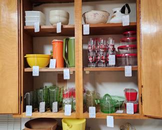 Spice of Life tea pot, Pyrex storage containers, wooden wares, Christmas tumblers, Tupperware, Enameled friendly goose bowl