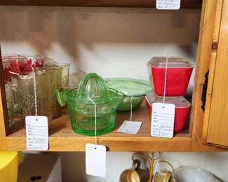 Uranium Glass Bowl and Reamer, Red Pyrex Refrigerator Dishes
