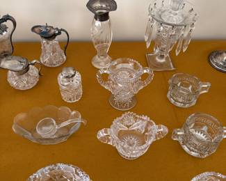 Sterling topped vase and pitchers, cut glass spooner and sugar bowl, Heisey greek key cream and sugar, cut glass ash tray and candy dish