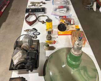 Car parts; oil and gas collectables, antique lights