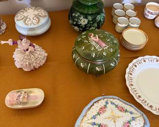 Hand painted trinket boxes, miniature cranberry glass box, Dresden lady
