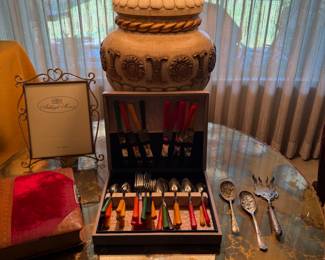 Vintage lamp, table, flatware set in original box, sterling plated serveware