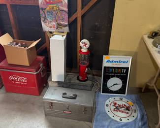 Coca-cola ice chest, collectable signs  
