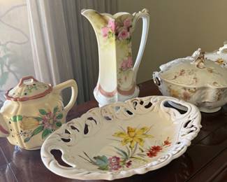 Antique hand painted Japanese teapot, RS Prussia pitcher, Carl Tielsch serving bowl