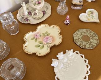 Limoges hand painted trays, Heisey bedroom accessories