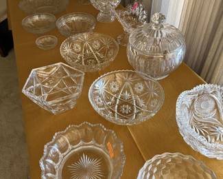 Cake stands, platters, and serving bowls. Heisey and American brilliant cut glass.